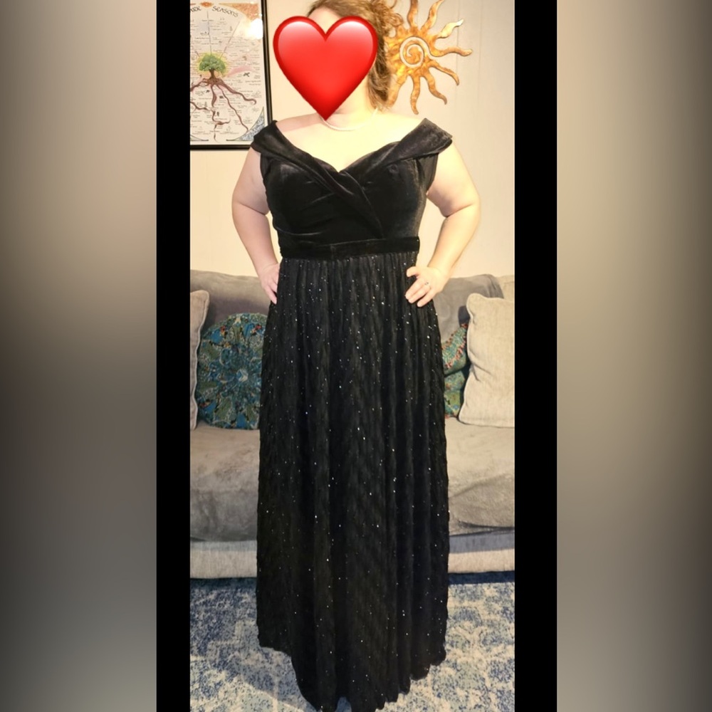 Off the Shoulder, Velvet Top, Sparkling Bottom Black Ball Gown - Size 16